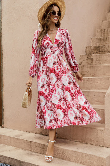 Robe d’été à manches longues à col en V floral rouge